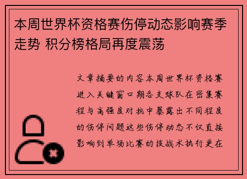 本周世界杯资格赛伤停动态影响赛季走势 积分榜格局再度震荡 本周世界杯资格赛伤停动态影响赛季走势 积分榜格局再度震荡